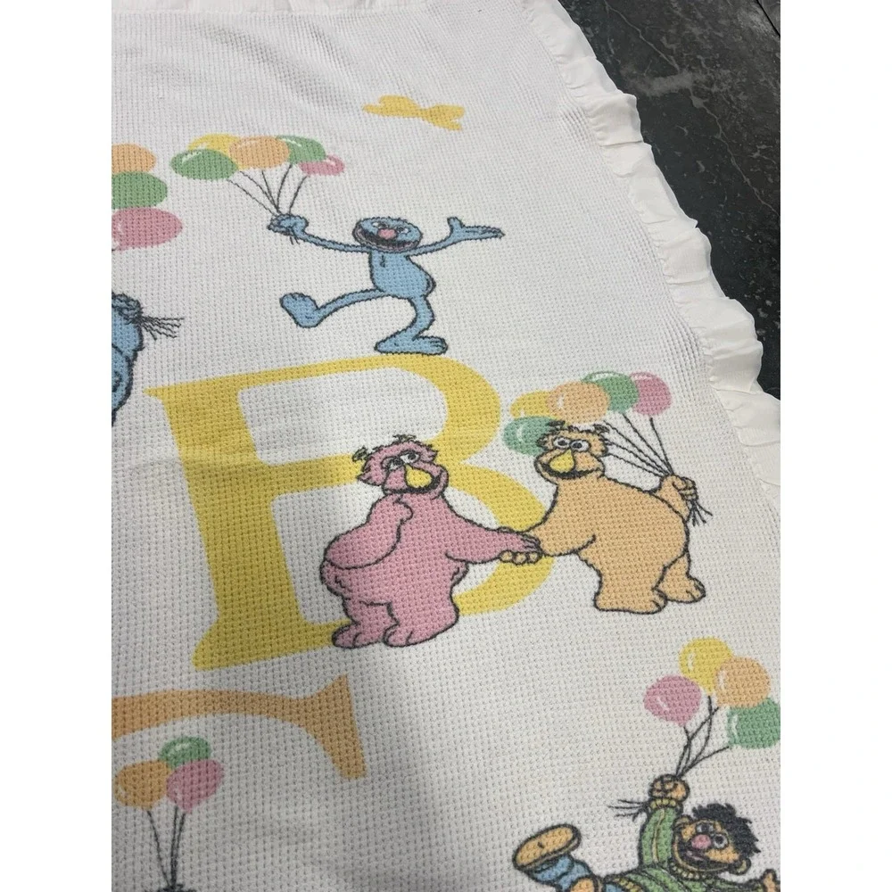 Vtg Sesame Street Baby Blanket Thermal Waffle Satin Trim Muppets Big Bird ABCs